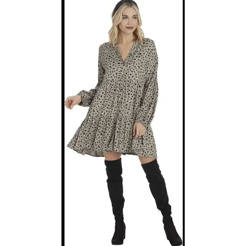 Mud Pie Mini Dress V Neck Tier Ruffled Abstract Animal Print Bohemian Chic S